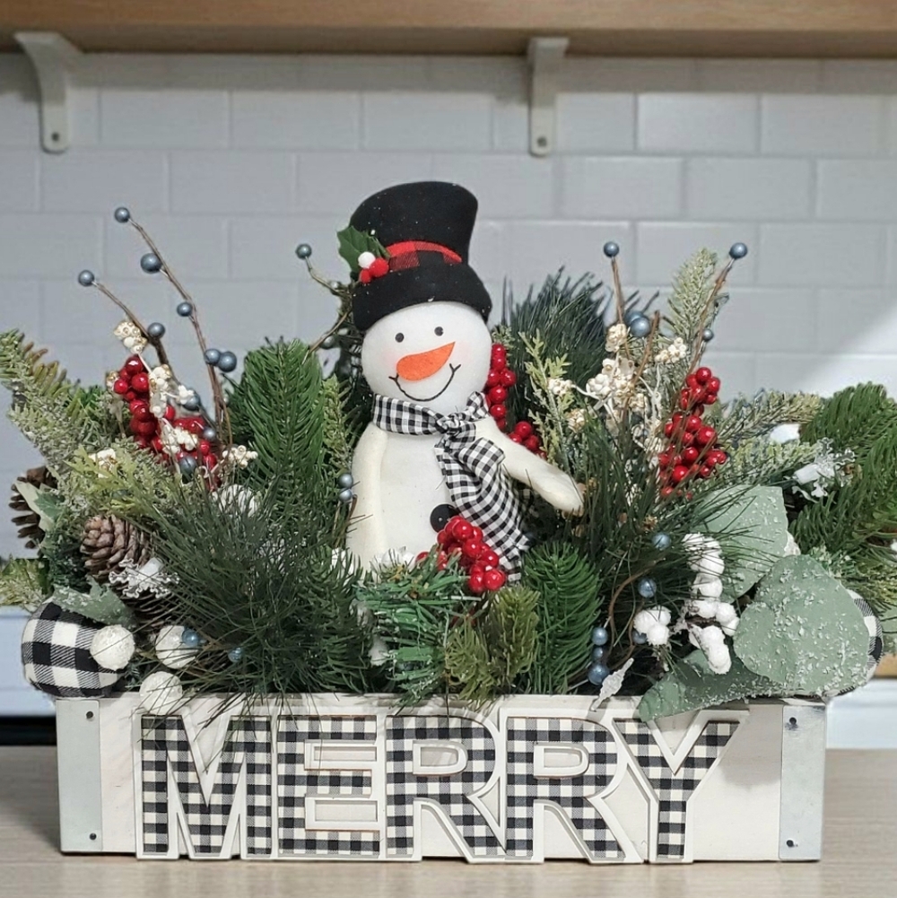 Homemade Festive Snowman Holiday Centerpiece with Blue Snowflake Lights